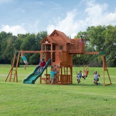 Backyard Discovery Skyfort II Playground Cedar Wood Swing Set with Playhouse Fort