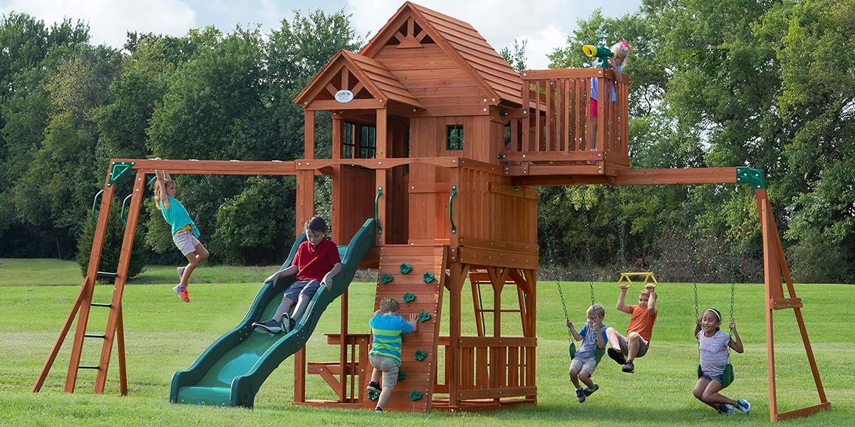 Backyard Discovery Skyfort II Playground Cedar Wood Swing Set with Playhouse Fort