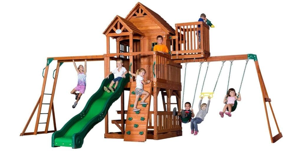 Backyard Discovery Skyfort II Playground Cedar Wood Swing Set with a Playhouse Fort