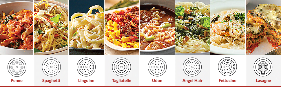 Shaping discs for 8 pasta types: spaghetti, penne, linguine, tagliatelle, udon, angel hair, fettuccine, lasagna