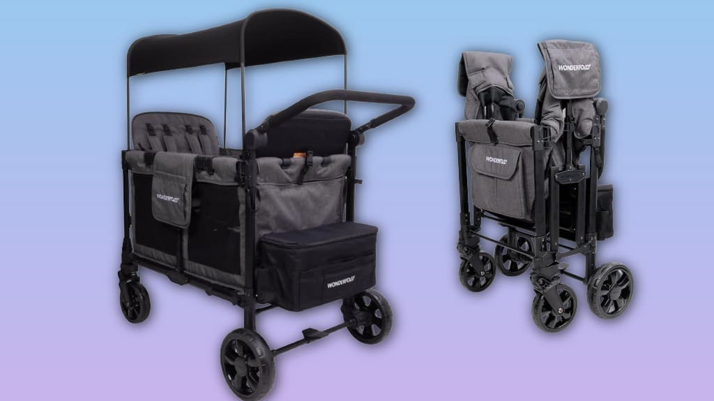 WONDERFOLD W4 Elite Pro Stroller Wagon 4 Seater - Collapsible Wagon Stroller & Sun Canopy - Charcoal Gray