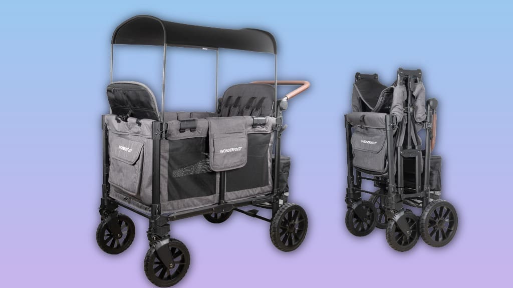 WONDERFOLD W4 Luxe Pro Stroller Wagon 4 Seater - Collapsible Wagon Stroller with Adjustable Sun Canopy - Charcoal Gray